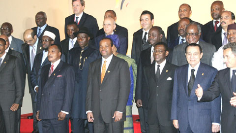 President Goodluck Jonathan (5th left), and other African leaders with the President of France, Nicholas Sarkozy, at the opening ceremony of the 25th Africa-France summit in Nice, France, yesterday. Photo: State House.