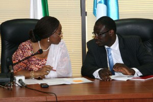 The Minister of Petroleum Resources, Mrs Diezani Alison-Madueke in a side chat with Dr. David Ige, Snr. Technical Assistant to the GMD,NNPC on Gas during the Ministerial Press briefing on Domestic Gas in Abuja recently