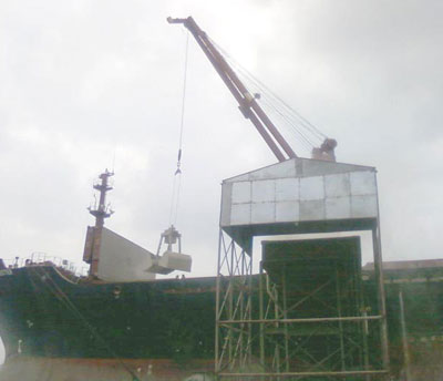 Cement being loaded from ship into silo before being bagged at Dangote Cement Plants, Onne, Port Harcourt
