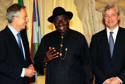 President Goodluck Jonathan (middle); former British Prime Minister, Mr. Tony Blair (left) and Chairman JP Morgan, Mr. Jamie Dimon during a consultative visit to President Jonathan at Aso Rock, Abuja. Photo by Abayomi Adeshida.