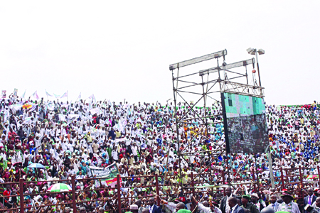 A mammoth crowd at the Liberation Stadium for the rally. Eleven individuals died following a stampede