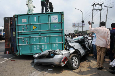 An Accident Involving Container and a Car Which Claim the Lives of the Car Ownerat Ojota on the Ikorodu Road, in Lagos