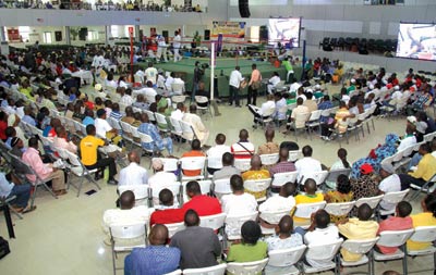 Boxing fans who throng the Youth Centre at the Redemption Camp to watch the maiden of the Dove Golden Belt Boxing tournament.