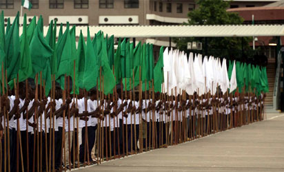 Rehearsal , callisthenic flag bearers during the rehearsal ahead of Presidential Inauguration at Eagle Square Abuja Wednesday . Photo : Gbemiga Olamikan