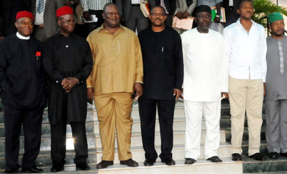 File photo: From left, Gov. Theodore Orji of Abia, Gov. Martin Elechi of Ebonyi, Secretary to Government of the Federation, Sen. Pius Anyim, Gov. Peter Obi of Anambra, Gov. Rochas Okorocha of Imo, Gov. Sullivan Chime of Enugu, Deputy Speaker Federal House of Representatives, Mr. Emeka Ihedioha during South-East Governors and Political Leaders Forum in Enugu Photo by Hill Ezeugwu.