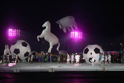 PECTACLE•••Choreographers pull all the stunts with an horse, a giant soccer ball and an hippopotamus during colourful opening ceremony of the 17th National Sports Festiva in Port Harcourt on Sunday. Photo by Henry Unini