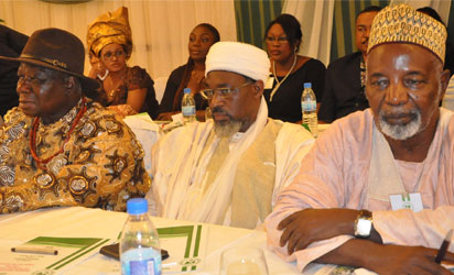 DIALOGUE—From left: Chief Edwin Clark, Imam Abdulrahman Ahmad, Chief Missioner of Ansar udeen Muslim Group, and Alhaji Balarabe Musa, former Governor of Kaduna State, during the Eminent National Leaders of Thought Dialogue on The State of The Nation, yesterday in Lagos. Photo: Bunmi Azeez.
