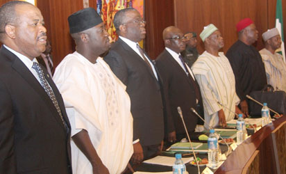 From the right, Vice Prresident Namadi Sambo; SGF, Senator Pius Anyim; Head of Service, Alhaji Saleh Belo; Chief of Staff to the President, Chief Mike Oghiadomen; National Security Adviser, Gen. Owoye Azazi; Youth and Sports Minister, Mr. Bolaji Abdullahi and the Works Minister, Arc. Mike Onolememen singing the national anthem during the opening of the Federal Executive Council Meeting chaired by the Vice President at the State House, Abuja. Photo by Abayomi Adeshida