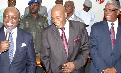 From left: Gov Emmanuel Uduaghan of Delta State; Prof. Emevwo Biakolo and Mr. Richard Ikiebe during a lecture on "Media, Democratic Governance and Challenges of National Development", delivered by Governor Uduaghan at the School of Media and Communication, Pan African University, Lagos yesterday. Photo: Lamidi Bamidele.