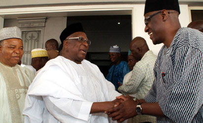 Kwara State Governor, Alhaji Abdulfatah Ahmed (right), PDP National Chairmanship candidate, Alhaji Bamanga Tukur at the Government House, Ilorin while former Deputy Senate President, Alhaji Ibrahim Mantu watches.