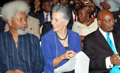 L-R Prof.wole Soyinka, Prof.Graciana Del Castillo of Columba University and Mr.Jim Ovia Chairman Visa Phone Nigeria Ltd, Photos Nath Onojake and Akpokona Omafuaire