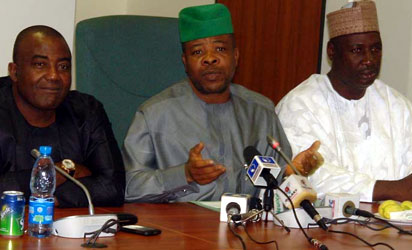 From left: Deputy House Leader, Rep. Leo Ogor; Chairman, Constitution Review Committee of the House of Representatives and Deputy Speaker, Emeka Ihedioha, and Chief Whip, Rep. Ishaka Bawa, during the News Conference on the forthcoming Constitution Review Committee's Retreat in Port Harcourt in Abuja yesterday.