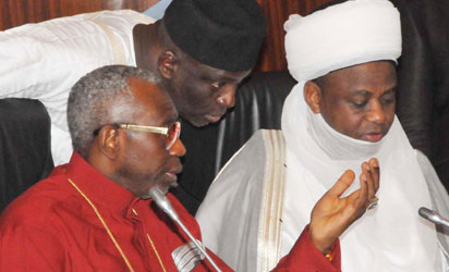From left: Co-Chairman, Nigeria Inter-religious Council (Nirec), Pastor Ayo Oritsejafor; National Co-ordinator/executive Secretary, Prof. Is-haq Oloyede, and Co-Chairman, Sultan of Sokoto, Alhaji Sa'ad Abubakar III, at a meeting of NIREC with President Goodluck Jonathan in Abuja. NAN Photo