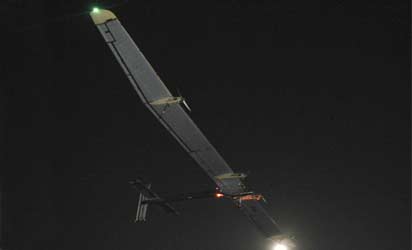 The Swiss sun-powered aircraft Solar Impulse takes off on June 5, 2012 from Madrid on its first attempted intercontinental flight from Switzerland to Morocco. A Swiss adventurer took off into the night skies above Madrid and headed for Rabat on the world's first intercontinental flight in a solar-powered plane. Bernard Piccard, 54-year-old psychiatrist and balloonist, piloted the Solar Impulse plane, a giant as big as an Airbus A340 but as light as an average family car, on the daring voyage from Europe to Africa. AFP PHOTO