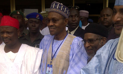 Governor Rabiu Musa Kwankwaso of Kano State, Gen Muhammadu Buhari (rtd) and Prince Tony Momoh at African House , Government House Kano. Photo by A S Muhammad, Kano