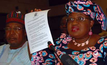 OKONJO-Iweala in SENATE—From Left, Minister of State for Finance, Dr. Yerima Ngama , with the Minister of Finance , Dr Ngozi Okonjo-Iweala at the Senate Joint Committee on Appropriation, and Finance interactive session on the implementation of 2012 budget at the National Assembly Abuja.