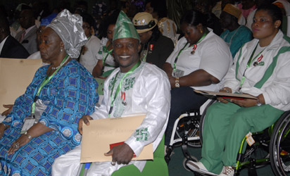 Cross section of 2012 London Paralympics gold winners sitting among awardees after their decoration with the MON award at the 2012 National Honours Award Investiture ceremony at the International Conference Centre, Abuja. Photo by Abayomi Adeshida 17/09/2012