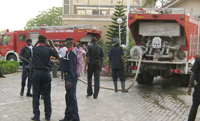 Fire fighters and security men at the scene.