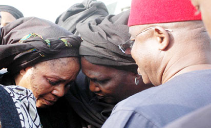 Mrs. Amina Yakowa being consoled by the wife of Senate President, Mrs. Helen Mark and her husband Sen, David Mark during a condolence visit yesterday, in Kaduna.