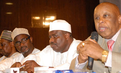 From Left,Former Chief Justice of Nigeria Mohammed Uwais, Chairman Media Trust Malam Kabiru Yusuf, the Speaker House of Reps Hon. Aminu Waziri Tambwal and former President of Botswana Festus Mogae at the 10th Daily Trust Dialogue themed Nation Building: Challenges and Reality in Abuja yesterday. Photo by Gbemiga Olamikan