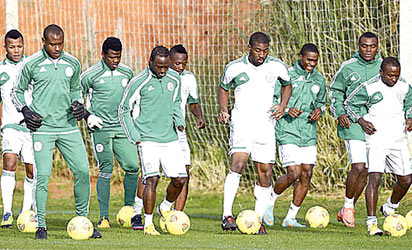 GETTING SET... Super Eagles players perfecting strategies for the Africa Nations Cup which kicks off today in South Africa. Former team captain, Rufai believes the team will do well while Chief Gabriel Chukwu, Gabros FC proprietor is charging them to give a good account of themselves.
