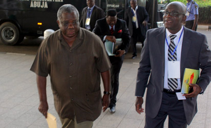 Editor-in-Chief, Vanguard, Mr. Gbenga Adefaye (r) arriving with other Resource Persons at the venue of the National Summit on Security Challenges in Nigeria held at the ICC, Abuja. Photo by Abayomi Adeshida