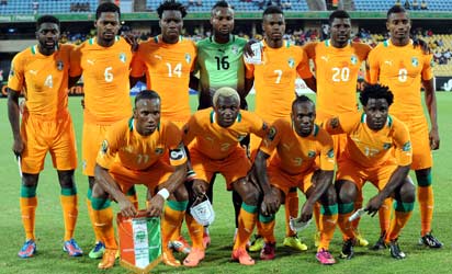 Ivory Coast team that played Algeria pose during a 2013 African Cup of Nations Group D match in Rustenburg on January 30, 2013 at Royal Bafokeng Stadium. Front row L-R : Forward Didier Drogba, Forward Arouna Kone , Defender Arthur Boka, Forward Wilfried Bony, Back row L-R: Defender Kolo Toure, Midfielder Romaric, Defender Ismael Traore, Goalkeeper Daniel Yeboah, Midfielder Abdul Razak, Defender Igor Lolo and Forward Salomon Kalou .AFP PHOTO