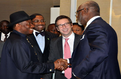 From Left: President Goodluck Jonathan;  Minister Of Agriculture and Rural Development, Dr Akinwumi Adesina; CEO Oxford Business Group, Mr Andrew Jeffreys And The Chairman, Access Bank Plc, Mr Gbenga Oyebode At The Inaugural Meeting Of Presidential Eminent Persons Group On Agriculture In Geneva On Tuesday (22/1/13).