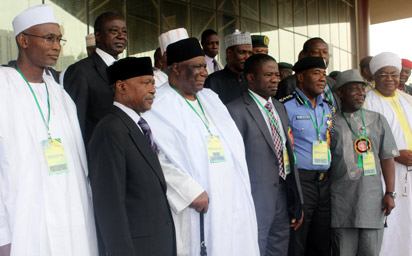 Representative of the President, Navy Capt. Caleb Olubolade (rtd) flanked by the Chairman of the Eevent, Alhaji Gambo Jimeta (3rd left) and the Inspector Genral of Police, Alhaji Mohammed Abubakar while the Interior Minister, Comrade Abba Moro (2nd right); Publisher Vanguard, Mr. Sam Amuka (2nd left) and other dignitaries at the opening of the National Summit on Security Challenges in Nigeria held at the African Hall, International Conference Centre, Abuja, Tuesday. Photo:Abayomi Adeshida.
