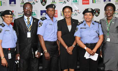 L:R - CSP Chioma Ajunwa, Mr. Ade Adesina, CSP Frank Mba, Mrs Bridget Oyefeso Odusanmi, CP (Dr) Abimbola Macaulay, and Mr. Offo at the Police Games Press Conference held in Lagos on Wednesday.