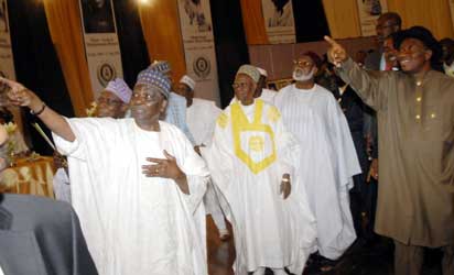 File: CENTENARY—From right: Former Head of State, Gen. Yakubu Gowon; former President Shehu Shagari; former Head of State, Gen. Abdulsalami Abubakar and President Goodluck Jonathan at the Nigeria Centenary flag-off ceremony in Abuja, Monday. Photo: Abayomi Adeshida.
