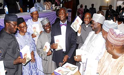 Book Presentation: From Left, Ekiti State Governor Kayode Fayemi, Author of the Book, Mallam Nasir El Rufai, CPC Former Presidential President Candidate , Gen. Mohammadu Buhari , Nasarawa State Governor Tanko Alumokura, Lagos State Governor Babatunde Fashola, CBN Governor Lamido Saunsi , Gobe State Governor, Ibrahim Dankuwabo, Chairman of the Occasion and Former Speaker Aminu Masari and Niger State Governor Aliyu Babangida at book presentation Accidental Public Servant held in Abuja. Photo by Gbemiga Olamikan.