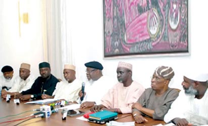 Sen Chris Ngige, Kabiru Gaya, George Mughalu, CPC merger committee chairman, Garba Gadi, Tom Ikimi, Ibrahim ahekarau, Segun Osaba and Ahmed Yerima during the unveiling of the new party name in Abuja Wednesday.