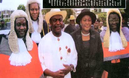 From left: Chief Judge of Rivers State, Justice Iche Ndu, the Attorney General and Commissioner for Justice, Mr. Odein Ajumogobia, SAN; Governor Peter Odili and his wife, Mary, and Justice Elizabeth Membere shortly after a special court session at the High Court Complex, Port Harcourt