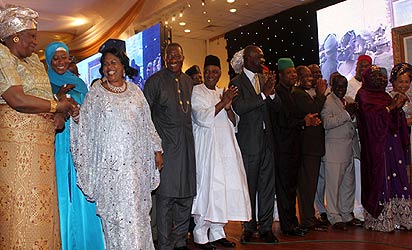 RECEPTION FOR FIRST LADY—From left: Chief Justice of the Federation, Justice Aloma Mukhtar; wife of the Vice President, Hajiya Aminat Sambo; First Lady, Dame Patience Jonathan; President Goodluck Jonathan; Vice President Namadi Sambo; Deputy Senate President, Senator Ike Ekweremadu; Deputy Speaker, Hon. Emeka Ihedioha and members of the Federal Executive Council during a reception for the First Lady at the Banquet hall, State House, Abuja, yesterday. Photos: Abayomi Adeshida. See more pictures on Page 13.