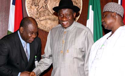 President Goodluck Jonathan with Prof. Chinedu Nebo (left) and Alhaji Kabiru Turaki (right) after their swearing in as new ministers, Monday, at the State House, Abuja