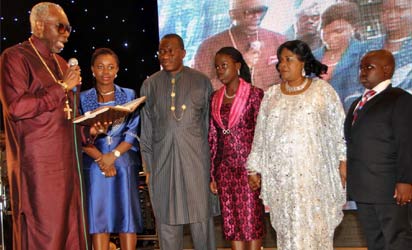 From left: President, Christian Association of Nigeria, Pastor Ayo Oritsejafor praying for President Goodluck Jonathan and his family during Praise and Thanksgiving Ceremony for First Lady, Dame Patience Jonathan in Abuja on Sunday