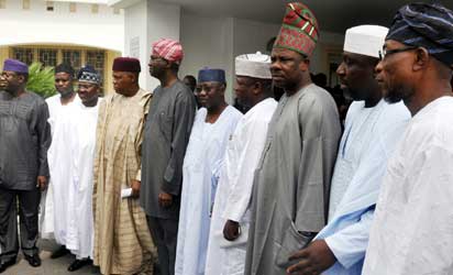 OPPOSITION—From right: Gov Kayode Fayemi (Ekiti); representative of Yobe State Governor, Senator Jejere Alkali; Govs Abiola Ajimobi (Oyo); Kashim Shettima (Borno); Babatunde Fashola (Lagos); Umar Tanko Al -Makura (Nasarawa); Abdul-Aziz Yari (Zamfara); Ibikunle Amosun (Ogun); Rochas Okorocha (Imo) and Rauf Aregbesola (Osun), after the meeting of Opposition Governors on the proposed merger, held at Lagos House Marina, yesterday. Photo: Bunmi Azeez.
