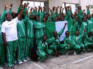 READY TO GO . . . Team Nigeria on arrival for the Africa Youth Athletics Championships ( AYAC), Warri 2013. Photo: Henry Unini