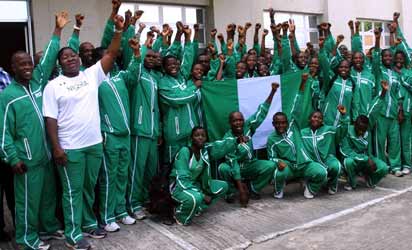 READY TO GO . . . Team Nigeria on arrival for the Africa Youth Athletics Championships ( AYAC), Warri 2013. Photo: Henry Unini