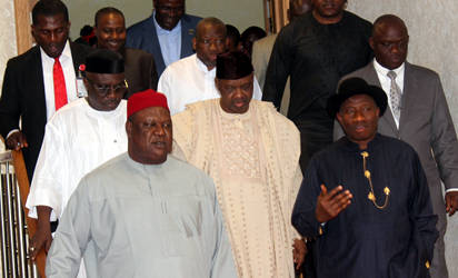 From right, President Goodluck Jonathan; Vice President Namadi Sambo and the SGF Senator Pius Anyim arriving for the Corporate Dinner for the Centenary Celebrations at the Banquet Hall, State House, Abuja. Photo by Abayomi Adeshida...Thursday night