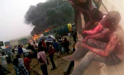 KANO BOMBING—Victims of the Kano suicide bombing and some of the affected buses yesterday as smoke billowed from the bus park.