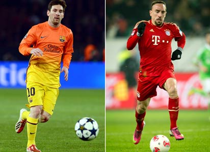 A combo picture shows Bayern Munich's winger Franck Ribery (R) and Barcelona's Argentinian forward Lionel Messi. Barcelona will play Bayern Munich in the first leg of the semi-finals of the Champions league on April 23, 2013. AFP PHOTO