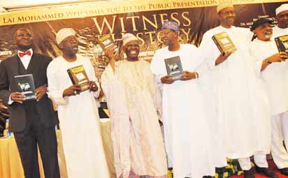BOOK PRESENTATION—From left: Gov. Babatunde Fashola of Lagos State; Asiwaju Bola Tinubu, National Leader of Action Congress of Nigeria, ACN, and Chief Presenter; Chief Bisi Akande, National Chairman of ACN; Aremo Olusegun Osoba, former Governor of Ogun State; Alh. Lai Mohammed, National Publicity Secretary of ACN and Author of the Book; Gen. Muhammadu Buhari (rtd.), former Head of State and Senator Chris Ngige, during the Public Presentation of a book: 'Witness to History of Action Congress of Nigeria and the Struggle for Democracy, Liberty and Justice', by Alh. Lai Mohammed, at the Civic Centre Victoria Island, Lagos, yesterday. Photo: Bunmi Azeez.