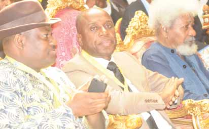From right: Professor Wole Soyinka, Governor Rotimi Amaechi and his deputy at the Rivers State 2013 Education Summit at Government House, Port Harcourt.