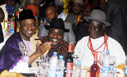 Edwin Clark @ 86th: From Left, Vice President Namadi Sambo, Publisher of Nigeria Pilot, Prince Dennis Sami and the Celebrant, Chief Dr. Edwin Clark chatting during 86th Birthday of Chief Edwin Clark held in Abuja. Photo by Gbemiga Olamikan.
