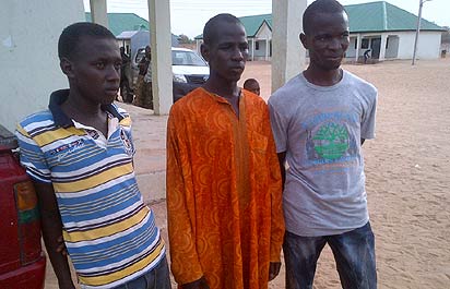 The suspected killers of Major-General Shuwa paraded by the JTF in Maiduguri, Borno State, yesterday. Photo: NAN.