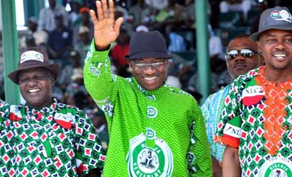 NLC President, Comrade Abdulwaheed Omar; President Goodluck Jonathan And TUC President, Comrade Peter Esele, at the Centenary May Day Celebration in Abuja On Wednesday