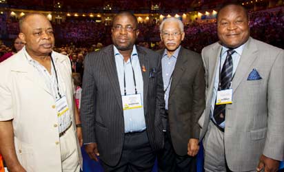 From left: Senator Ken Nnamani, Sir. Emeka Offor, Executive Vice Chairman of the Chrome Group; Howard F. Jeter, and Adetukumbo Kayode on Sunday at the opening ceremony of the ongoing 2013 annual Rotary International Convention in Lisbon, Portugal.Photo by EEMEKA AGINAM