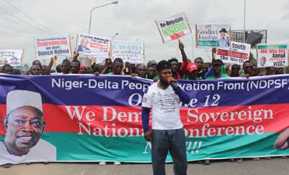 JUNE 12 RALLY: Comrade Rex Anighoro, Spokesman of NDPSF, addressing members of Niger Delta People Salvation Front, NDPSF, during a rally yesterday in Warri in commemoration of the annulled June 12 election. Photo: AKPOKONA OMAFUAIRE.